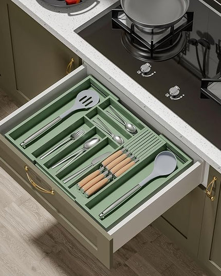 Bamboo-Silverware-Drawer-Organizer-Kitchen, Expandable Utensil Holder Cutlery Tray Flatware Organization Adjustable Wood Tableware Dividers Storage (with Removable Knife Block)(Grayish Green)