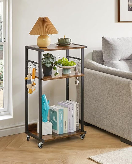 YMYNY Mobile Printer Stand, 3-Tier Printer Cart with Adjustable Storage Shelf and 6 S-Hooks, Tall Printer Table for Home Office, for Computer Tower Stand, Shredder, CPU Stand, Rustic Brown, UHPT002H