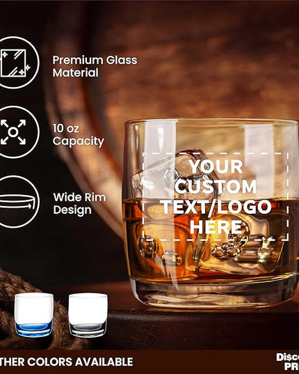 DISCOUNT PROMOS Custom Whiskey Glasses 10 oz Set of 10/50/100, Personalized Bulk Pack - Heavy Base Old Fashioned Glass, Perfect for Scotch, Bourbon, Whiskey, Cocktail - Clear Bottom Color