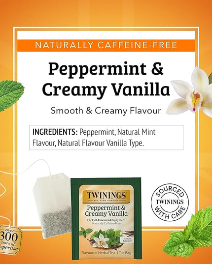 Twinings Peppermint & Creamy Vanilla Tea - A Crisp, Balanced Herbal Tea, Formerly Buttermint, Naturally Caffeine-Free Tea Bags, Individually Wrapped, 20 Count
