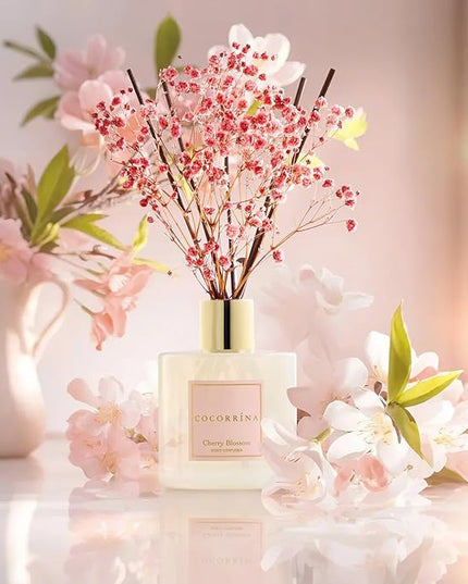 COCORRÍNA Reed Diffuser - Cherry Blossom 6.7 Fl.oz Reed Diffuser Set with Sticks & Preserved Baby's Breath, Reed Diffuser for Home Bathroom Shelf Decor