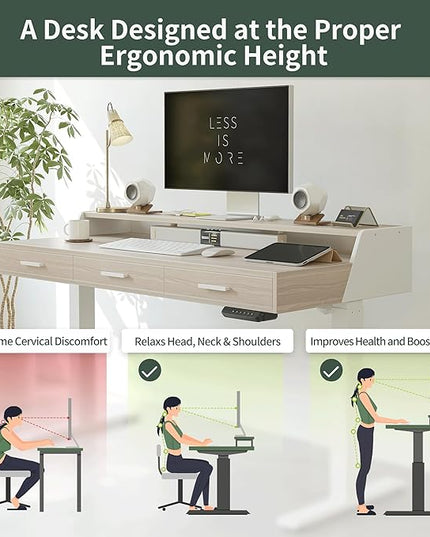 FEZIBO Electric Standing Desk with Drawers, 48x24 Inch Standing Desk Adjustable Height, Stand Up with Monitor Shelf, Sit Stand Home Office Desk, Light Walnut