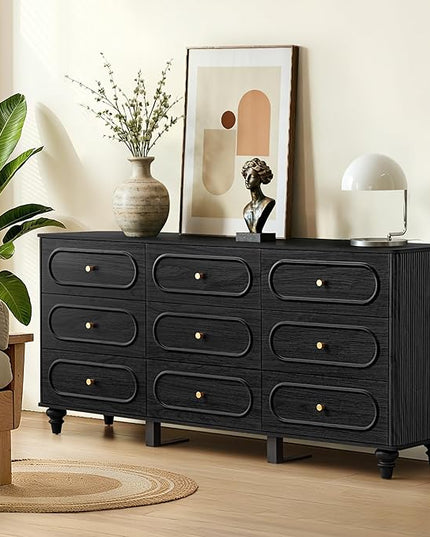 9 Drawer Fluted Dresser for Bedroom, Mid Century Modern Chest of Drawers, Wood Storage Small Dresser Organizer for Bedroom Living Room Hallway Closet, Black