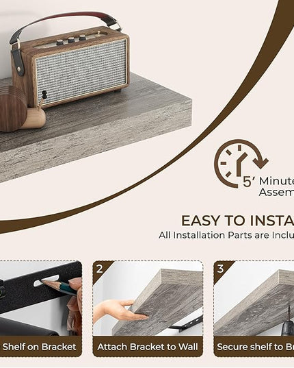 RICHFOCUS 24Inch Floating Shelves for Wall 2 Pack Shelves for Bedroom|Kitchen|Bathroom Wall Mounted Rustic Wood Floating Shelf with Invisible Brackets for Books|Storage|Decor, Grey