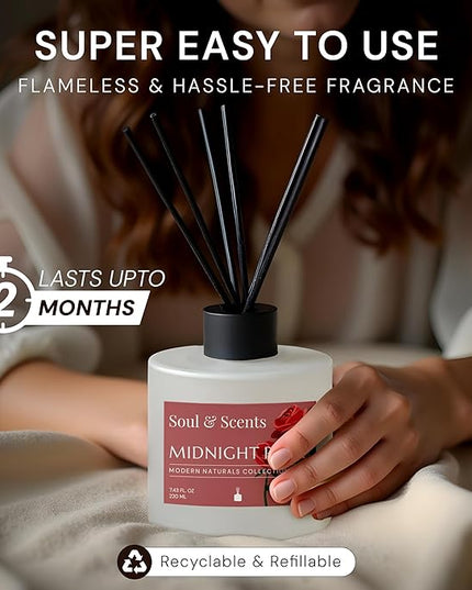 Soul & Scents Reed Diffuser Set – Midnight Rose | 7.43 oz Refillable Scented Oil with 6 Fiber Sticks | Long-Lasting Home Fragrance & Air Freshener for Bedroom, Bathroom, Office | Gift & Décor Piece