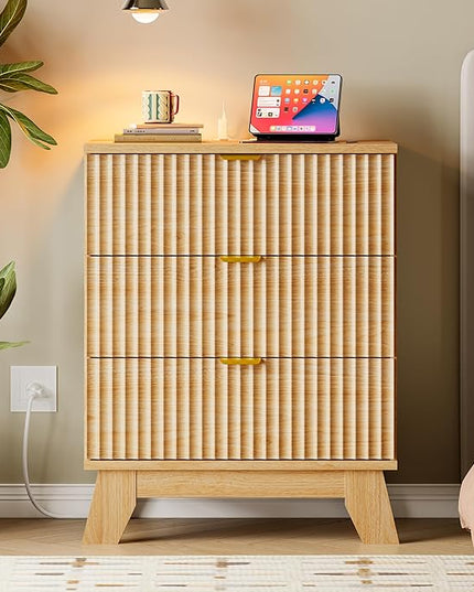BORNOON 30.5" Nightstand with Charging Station, 3-Drawer Fluted Bedroom Chest, Wood Bedside Dresser with Power Outlets and USB Ports, Metal Slides, Stable Base, Modern Storage Cabinet for Small Spaces