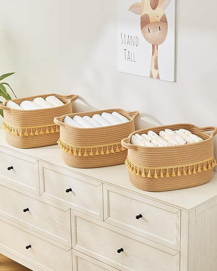 Storage Bins Woven Baskets for Storage Set of 3, Cotton Rope Basket with Handles for Toys/Shelves/Laundry, Rectangle Multi-Purpose Organizer for Living Room, Bedroom, Nursery (Brown)