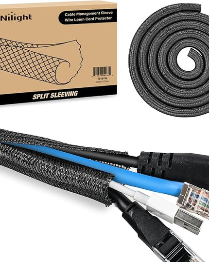 Nilight Cable Sleeve, 10ft-1/2inch Cord Management Sleeves, Braided Sleeving, Split Self Wrapping Wire Loom for Computer Electrical Automotive Harness Protector Organizer, Black