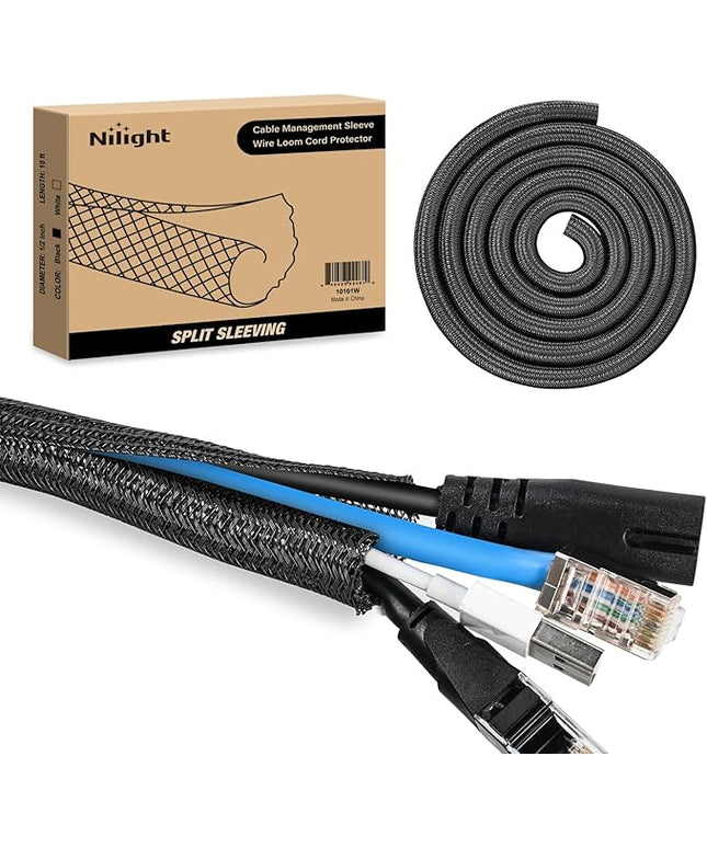 Nilight Cable Sleeve, 10ft-1/2inch Cord Management Sleeves, Braided Sleeving, Split Self Wrapping Wire Loom for Computer Electrical Automotive Harness Protector Organizer, Black