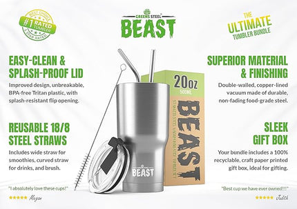 Beast 20 oz Tumbler Stainless Steel Vacuum Insulated Coffee Ice Cup Double Wall Travel Flask (Stainless Steel)