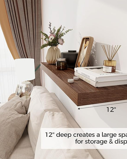 Floating Shelves 36 Inch Long, 12 Inch Deep Floating Shelves for Wall, 36 x 12 Shelves for Wall Storage & Display, 2" Thick Floating Shelf for Bathroom, Living Room, Bedroom, Walnut Color, Set of 2