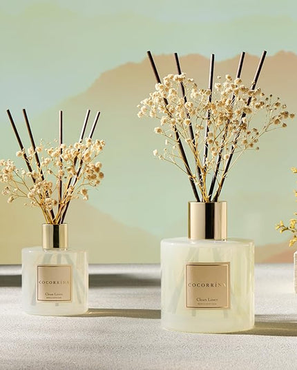 COCORRÍNA Reed Diffuser - Clean Linen 17 Fl.oz Reed Diffuser with 8 Sticks Scented Diffuser with Preserved Flowers for Bathroom Home Decor