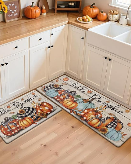 Pauwer Fall Kitchen Rugs Set of 2, Pumpkin Truck Anti Fatigue Kitchen Floor Mat, Non Slip Farmhouse Cushioned Kitchen Mats for Floor, Kitchen Runner Rug Floor Carpet Fall Harvest Thanksgiving Decor