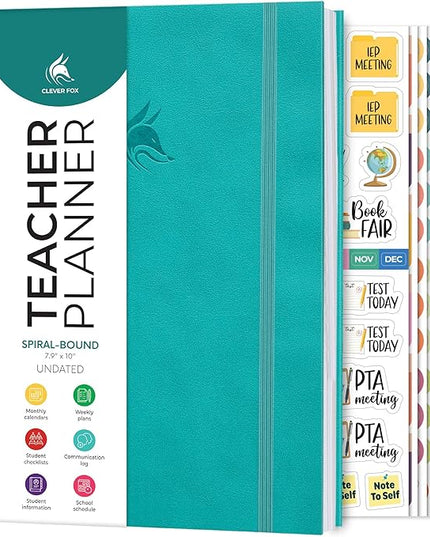 Clever Fox Teacher Planner Spiral – School Year Planner with Calendars & Lesson Plans – Teacher Plan Book for Classroom & Homeschool Organization - Undated, 7.9x10″ (Turquoise)