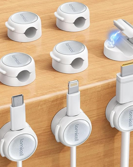 Magnetic Cable Clips Cord Organizer - Lamicall 8Pack [Crystal-Clear & Silver Shine] Cable Management Holder for Phone Charging Cord, Strong Adhesive for Nightstand, Home Office Desk Decor Accessories