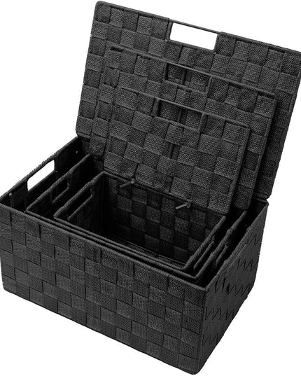 Sorbus Set of 3 Black Woven Storage Baskets with Lids – Mesh Hand-Woven Bins for Closet, Shelf, and Linen Organization – Variety Pack