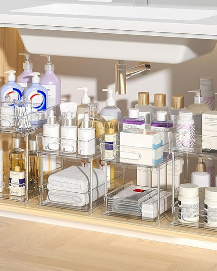 Delamu 2 Tier Snap-Lock Bathroom Under Sink Organizers and Storage, Multi-Purpose Cabinet Drawers with Movable Dividers, Pull Out Organization for Countertop, Kitchen and Pantry(Clear, 4 Pack)