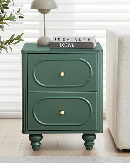 2 Drawer Fluted Mini Small Dresser for Bedroom Set of 2, Mid Century Modern Nightstand Bedside End Table, Wood Storage Dresser Organizer for Bedroom, Green