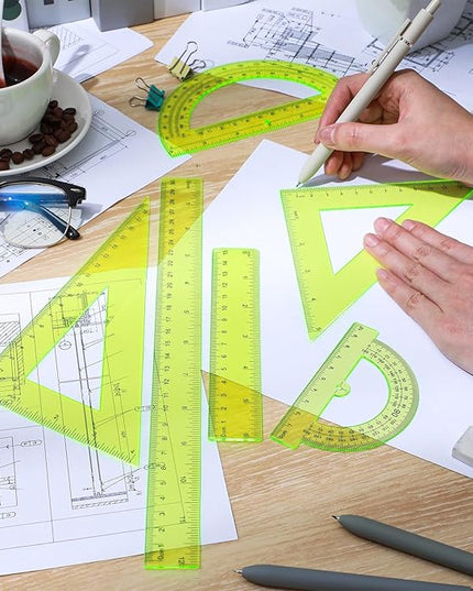 Tenare 6 Pcs Plastic Ruler Math Set Includes 12 Inch 6 Inch Straight Protractor Triangle Geometry Transparent Math Ruler Measuring Tools for School Office Home(Yellow)