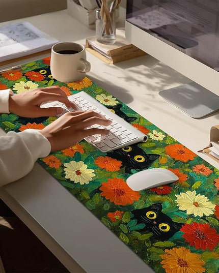 Mouse Pad Gaming Mousepad 31.5 x 11.8 Inch Large Keyboard Desktop Mat Diatomite XL Mouse Pad for Home and Office Desk Accessories with Colorful Floral Garden Cat Artwork