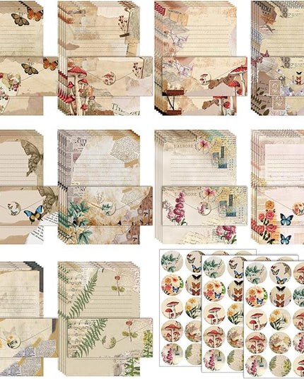 TaoBary 160 Pcs Stationery Paper Set 50 Double Sided Stationery Papers with 50 Matching Envelopes and 60 Round Dot Sticker, 10 Design(Nature Vintage Style,8.5 x 11 Inch)