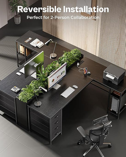 Huuger 63 Inch L Shaped Desk with Fabric Drawers, Reversible Computer Gaming Desk with Power Outlets and USB-C Port, Adjustable Side Storage Shelves, for Work Study Corner Home Office, Black