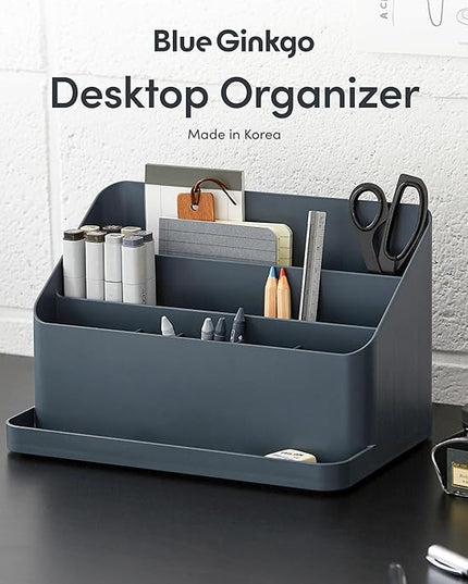 BLUE GINKGO Desk Organizer – Korean-Made Office Storage for Pens, Notes, Mail, and Supplies (Prussian Blue)