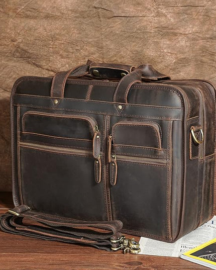 Polare 17'' Full Grain Leather Briefcase Laptop Attache Case Messenger Bag For Men Fits 15.6'' Laptop