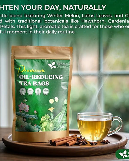 FreshDrinkUS, Oil-Reducing Herbal Tea – 75 Tea Bags | Blend of Winter Melon, Lotus Leaf, Ginger, Hawthorn, Gardenia Fruit, Rose, Cassia Seed & More | Naturally Caffeine-Free | Delicious Hot or Iced