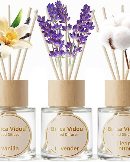 Reed Diffuser Set of 3, Binca Vidou Lavender Vanilla Clean Cotton Natural Scent Oil Diffusers with Sticks for Home Office Bathroom Aromatherapy Decor 1.69oz x 3