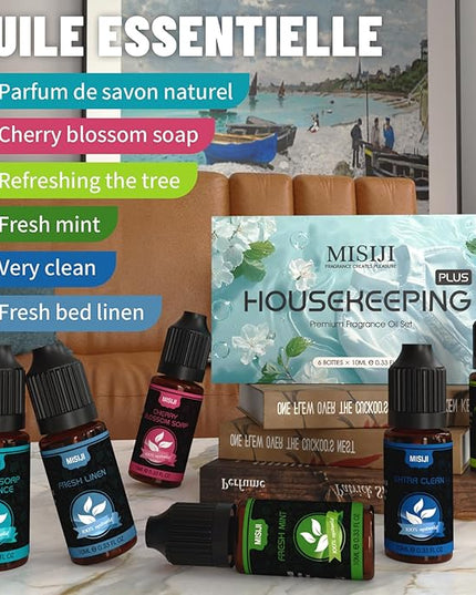 MISIJI Housekeeping Essential Oils Set for Diffuser,Pure Aromatherapy Oil for Diffuser,Candle Making,Natural Soap Scent,Cherry Blossom Soap,Fresh Mint,Fresh Linen,Air Freshener,Extra Clean