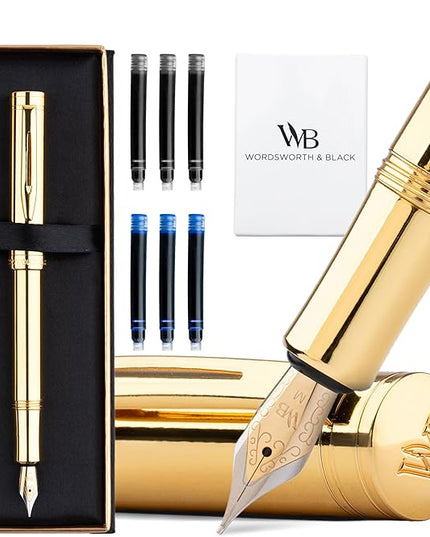 Wordsworth and Black Fountain Pen Mini EDC: Luxury Gold Heavy Pocket Pen, Gold Finish, Medium Nib, 6 Ink Cartridges, Ink Converter, Travel Refillable Writing Pen Gift Set, Men & Women