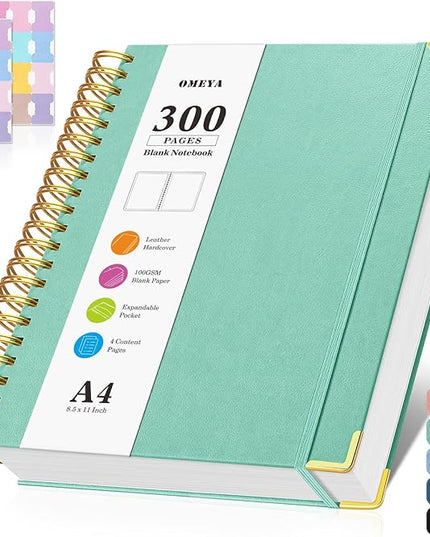 Blank Spiral Notebook: Sketch Book 8.5" X 11", Hardcover Sketchbook, 300 Pages Leather Unlined Notebook for Women Men,100GSM Thick Paper Journal, A4 Large Art Sketchbook for Drawing Writing Work,Green