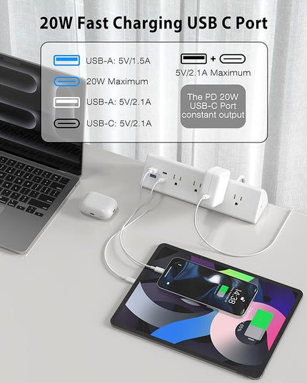 Jgstkcity Desk Clamp Power Strip,20W Fast Charging Station,Surge Protector Nightstand Edge Mount,1875W Extension Cord with Multiple Outlets,2 USB-C,2 USB-A,for Home Office (White, 6 FT)