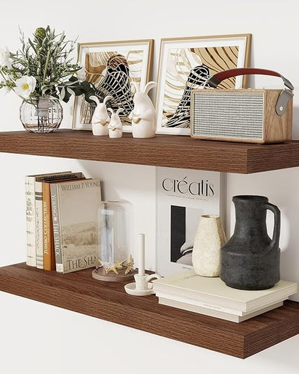 Floating Shelves 36 Inch Long, 12 Inch Deep Floating Shelves for Wall, 36 x 12 Shelves for Wall Storage & Display, 2" Thick Floating Shelf for Bathroom, Living Room, Bedroom, Walnut Color, Set of 2