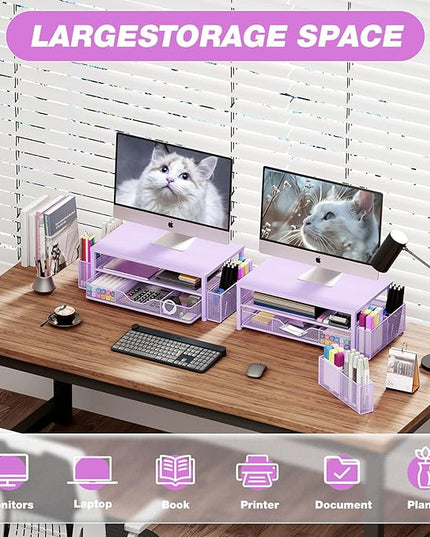 OPNICE Desk Organizers and Accessories, 2-Tier Computer Monitor Stand Riser with Drawer and 2 Pen Holders, Laptop Stand, Office Desk Accessories & Office Decor for Women, Purple