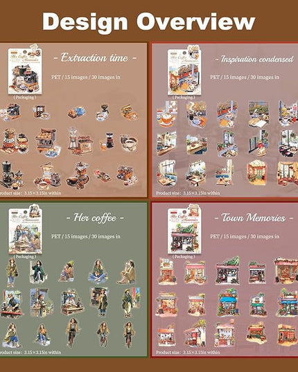 AuriicLeaf Coffee Memories PET Stickers, 120 PCS Vintage Cafe Scene Stickers for Scrapbook, Journals, Planners and DIY Craft Decoration