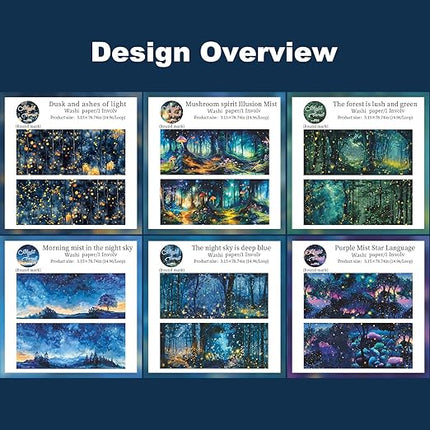 AuriicLeaf Night Forest Seamless Washi Tape Scrapbook Kit – 6 Rolls with Starry Sky, Fairy Woods & Twilight Designs for Journaling, DIY Crafts, Gift Wrapping, Card Making, Decoration, 3.15in Wide