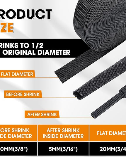 SUNNAREPOON Black 2:1 Ratio Automotive Heat Shrink Braided Sleeving,Wear-Resistant Flat Woven Shrinkable Sleeve Fabric Car Cable Wires Hoses Protection (3/8"-66ft)