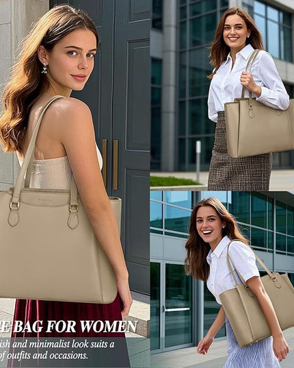 RAINSMORE Laptop Bag for Women 15.6 Inch Work Tote Bags Waterproof Computer Bags Leather Professional Laptop Purse Womens Laptop Briefcase Large Handbag for Office Teacher Travel, Beige