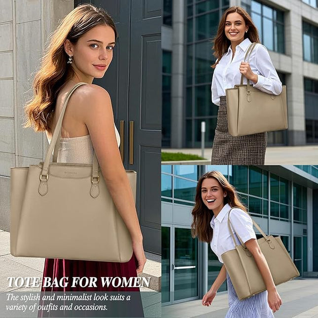 RAINSMORE Laptop Bag for Women 15.6 Inch Work Tote Bags Waterproof Computer Bags Leather Professional Laptop Purse Womens Laptop Briefcase Large Handbag for Office Teacher Travel, Beige
