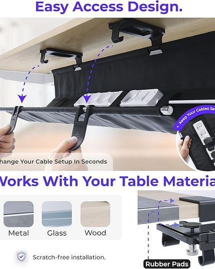 Ascrono Original No Drill Under Desk Cable Management Tray 14.1" - Premium Black Fabric Cable Management Under Desk - Clamp/Screw Mount Cord Organizer - Supports Upto 66lbs