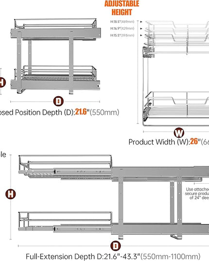 JOWBOOW (26" W x 22" D 2-Tier Cabinet Roll Out Shelves | Extra Wide Slide Out Drawers for Kitchen Cabinets, Heavy Duty Pull Out Cabinet Organizer 22 Inch Deep