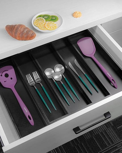 Utoplike Bamboo Drawer Organizer Kitchen Utensils, Adjustable Black Silverware Holder and Cutlery Tray Organiser, Expandable Drawer Divider for Flatware, Knives in Kitchen, Bedroom, Living Room