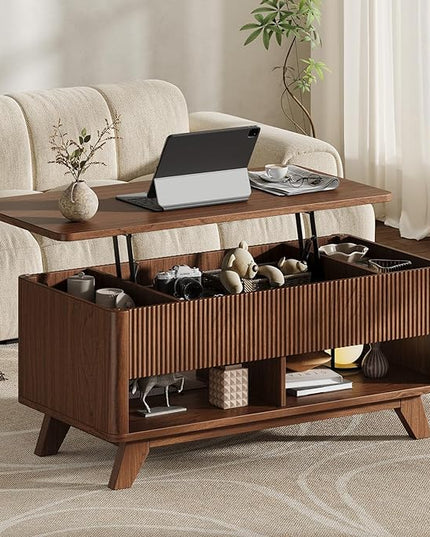 ONBRILL Farmhouse Lift Top Coffee Table, Mid Century Modern Coffee Table with Hidden Storage Compartment, Fluted Rising Pull up Wood Modern Center for Living Room, Office, Walnut