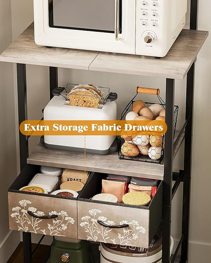 GiftGo Small Coffee Bar Station Narrow Corner Baker Rack Stand with 2 Storage Fabric Drawers 5 S Hooks for Small Spaces Farmhouse Bakers Rack for Kitchen, Entryway, Living Room (Grey, Narrow)
