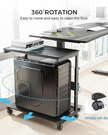 EUREKA ERGONOMIC PC Stand Computer Cart, Height Adjustable Tower Stand 2-Tier Suit for ATX Case Printer, Metal Rolling Cart on Wheels for Gaming Home Office, Black