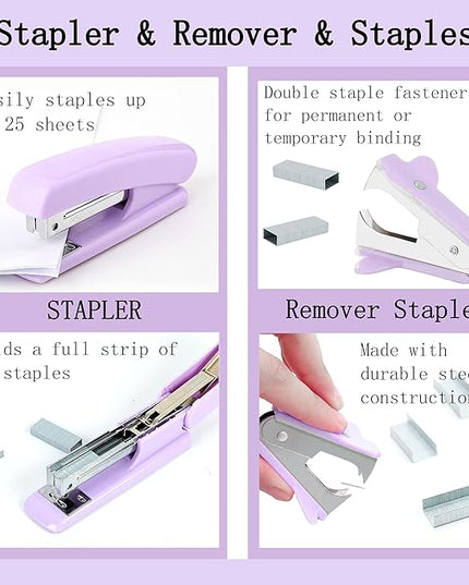 Purple Office Desk Accessories Supplies, 12pcs Desk Organizers and Accessories with Tape dispenser and Stapler,Staples,Staple Remover,Pen Holder,Scissor,Ruler,Sticky Tabs,Tape,Ballpoint Pen,Clips Set