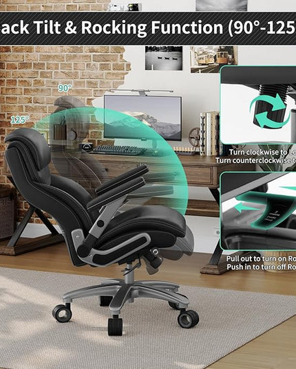 Big and Tall Office Chair with 5D Arms, 600lbs Heavy Duty Desk Chair with Adjustable Lumbar Support, PU Leather High Back Ergonomic Executive Computer Chair with 3'' Silent Casters