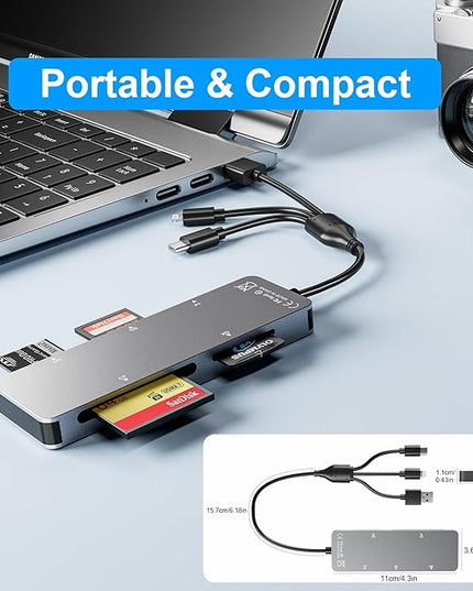 Memory Stick pro Duo Adapter 5-in-1 Multi Memory Card Reader Supports SD/TF/CF/MS/XD Picture Card for PC/USB-C/iPhone, Lightning+USB A+USB C Memory Stick pro Duo Reader for iPhone